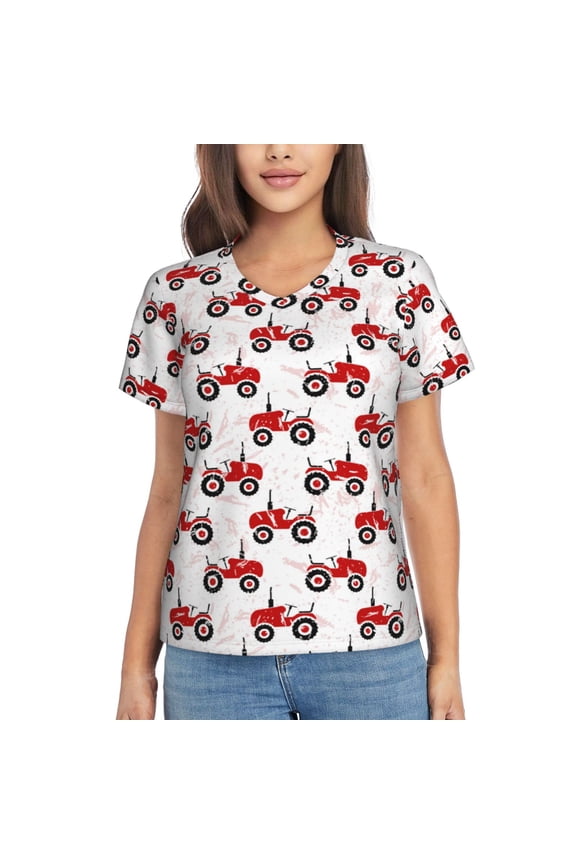 Red Wheeled Tractors Women Shirts V Neck Short Sleeve Tops T-Shirt Basic Tees, S to 3XLLarge