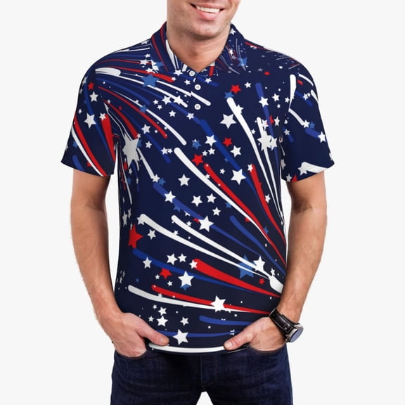 Vsdgher Red White Blue Fireworks 1 Polo Shirts for Men, Men's Short Sleeve Stretch Polo Shirt, Shirts for Men-X-Large