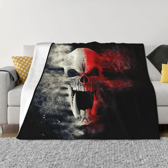 Vsdgher Red And White Screaming Demon Skull Pattern Fleece Throw Blanket, Horizontal Fleece Bedding Home Decor for Couch & Bed All Season Use -50"x40"