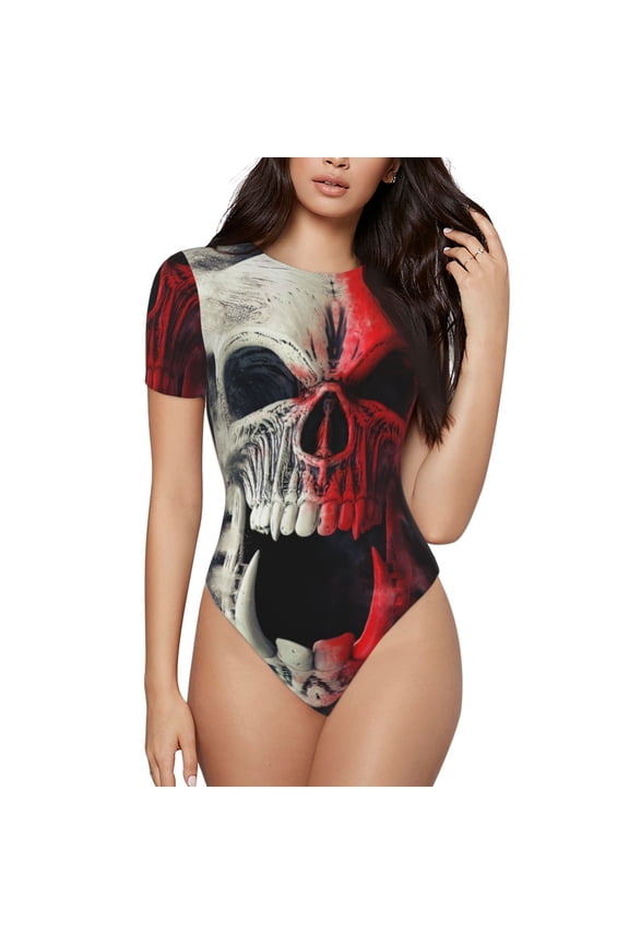 Red And White Screaming Demon Skull Prinr Short Sleeve Body suit for Womens, Sexy Onesie One Piece Round Neck Bodysuit Shapewear Tummy Control-X-Large