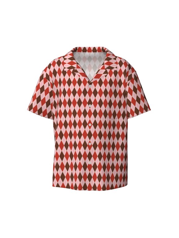 Red and Brown Squares Print Men's Wrinkle Free Untucked Cuban Shirt Business Casual Button Down Shirts Short Sleeve Shirt
