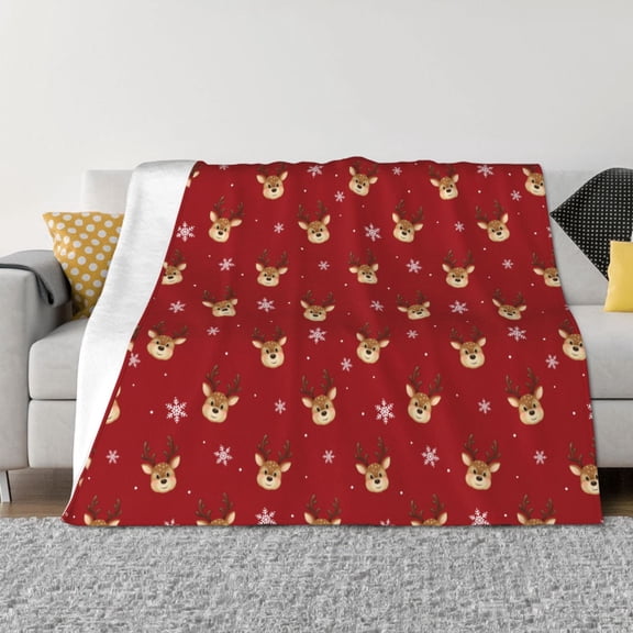 Vsdgher Reindeer Faces Festive Red Pattern Fleece Throw Blanket, Horizontal Fleece Bedding Home Decor for Couch & Bed All Season Use -60"x50"