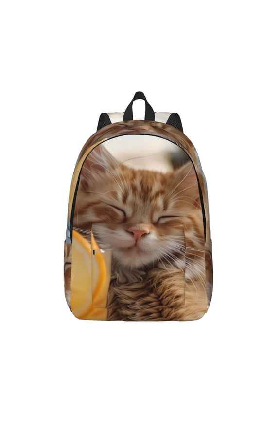 Relaxing Cat With Orange Juice Print Canvas Backpack Travel Rucksack Unisex Knapsack 15.7/17.7Inch Laptop Backpack for Work,College -Medium