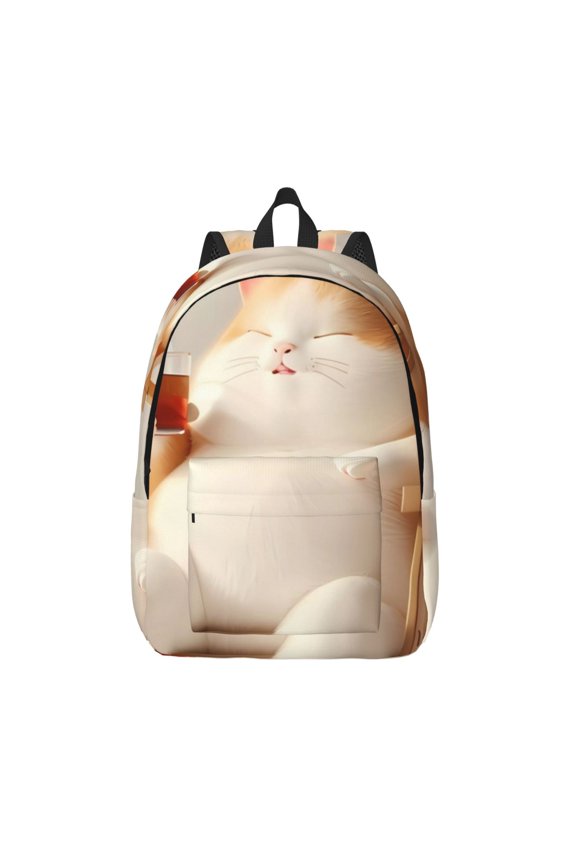 Relaxing Cat With Tea Print Canvas Backpack Travel Rucksack Unisex Knapsack 15.7/17.7Inch Laptop Backpack for Work,College -Medium