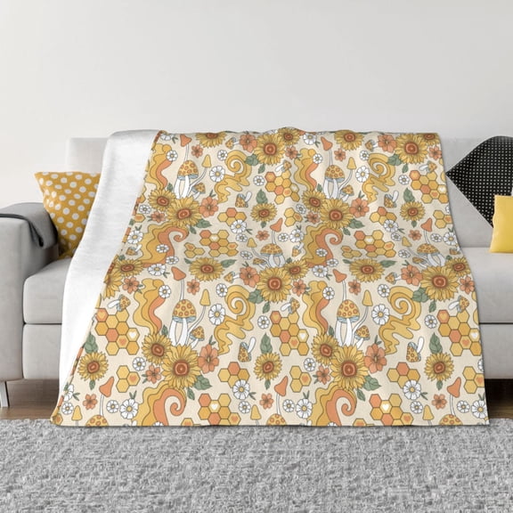 Vsdgher Retro 70s 60s Flower Pattern Fleece Throw Blanket, Horizontal Fleece Bedding Home Decor for Couch & Bed All Season Use -60"x50"