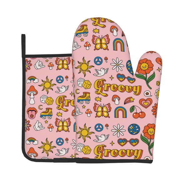 Vsdgher Retro 70s Hippie Oven Mitts and Pot Holders 2 pcs Set,High Heat Resistant Kitchen Oven Glove for Baking and Cooking