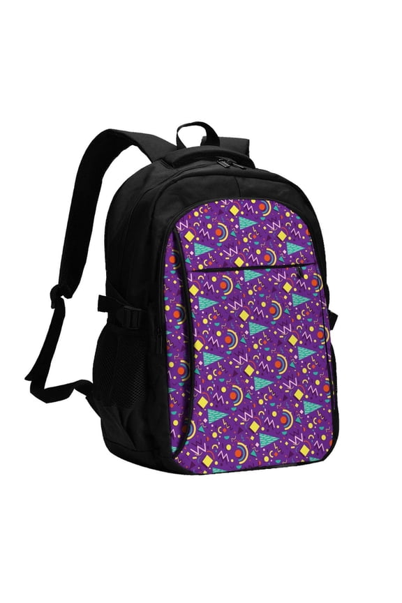 Retro 80s Style Print Travel Laptop Backpack, Laptops Backpack with USB Charging Port, Water Resistant Computer Bag Gift for Men & Women