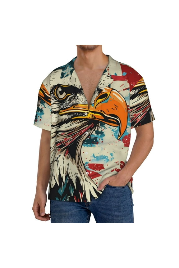 Retro American Eagle Men's Cuban Shirt, Hawaiian Shirts, Business Casual Button Down Shirts, Short Sleeve Shirt-Small