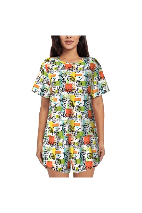 Retro Bike Pattern Womens Pajamas 2 Piece Short Sleeve Sleepwear Set,Summer Soft Pajamas Set Casual Lounge Sets, 2-Piece Pj -Medium