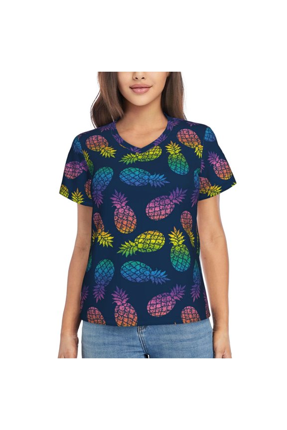 Retro Bright Pineapple Women Shirts V Neck Short Sleeve Tops T-Shirt Basic Tees, S to 3XLX-Large