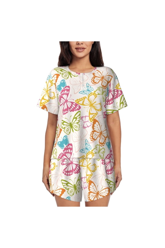 Retro Colorful Butterfly Pattern Womens Pajamas 2 Piece Short Sleeve Sleepwear Set,Summer Soft Pajamas Set Casual Lounge Sets, 2-Piece Pj -4X-Large