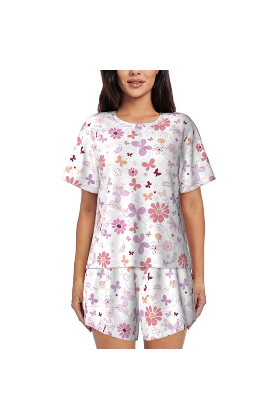 Retro Floral Pattern Womens Pajamas 2 Piece Short Sleeve Sleepwear Set,Summer Soft Pajamas Set Casual Lounge Sets, 2-Piece Pj -3X-Large