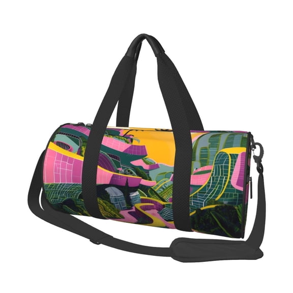 Vsdgher Retro Futuristic Landscape 45L Foldable Duffel Bag, Sports Gym Bag,Overnight Bag, Portable Weekender Bag for Airplanes