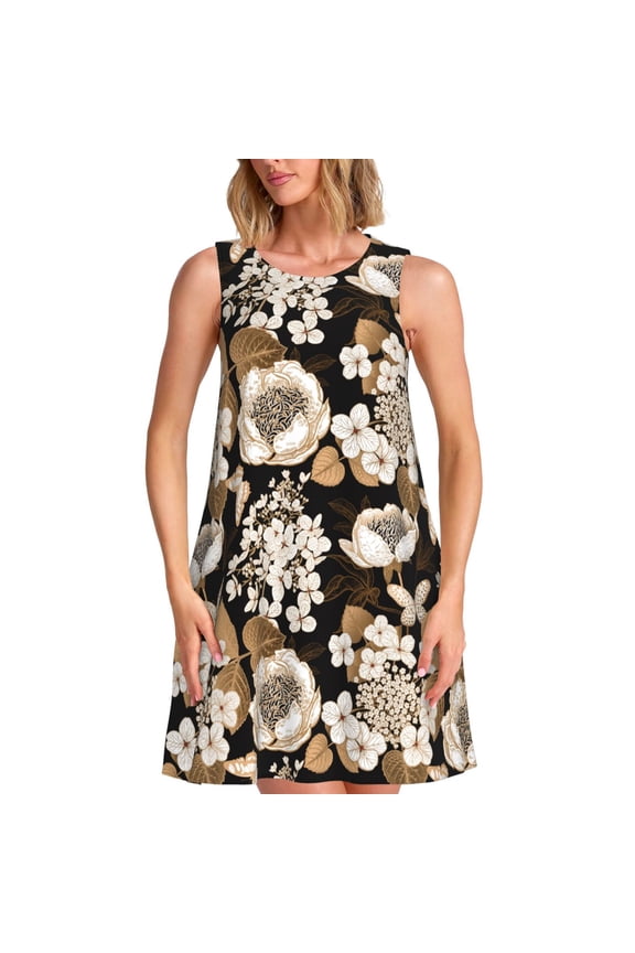 Retro Hydrangeas Print Summer Dresses for Women Casual U Neck Beach Dress Sleeveless Tank Loose Sundress with Pocket -X-Large