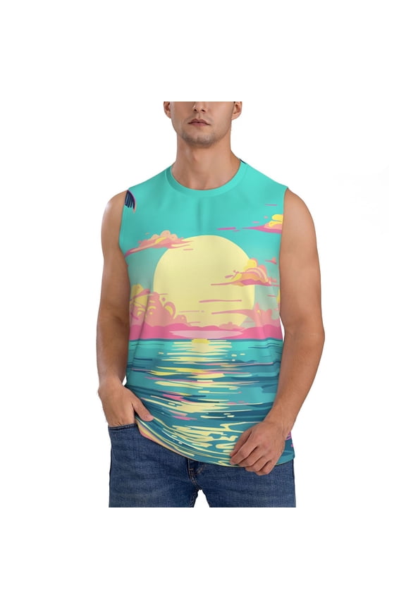 Retro Palm Beach Sunset Print Workout Tank Tops Gym Sleeveless Fitness Muscle Tee -Small