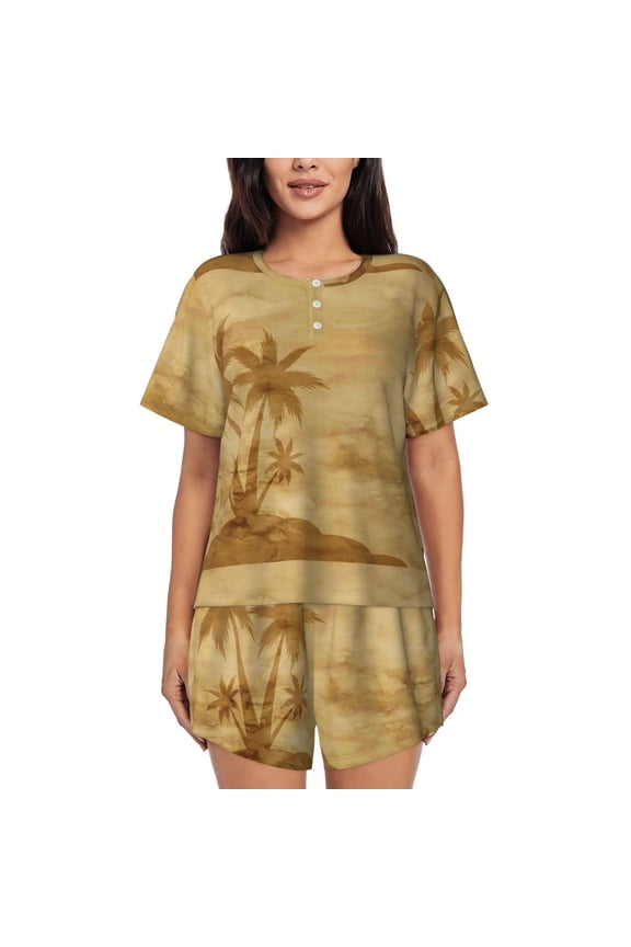 Retro Palm Tree Pattern Womens Pajamas 2 Piece Short Sleeve Sleepwear Set,Summer Soft Pajamas Set Casual Lounge Sets, 2-Piece Pj -4X-Large
