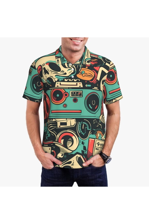 Retro Pop Art Collage Polo Shirts for Men, Men's Short Sleeve Stretch Polo Shirt, Shirts for Men-X-Large