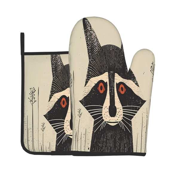 Vsdgher Retro Raccoon Graphic Print Oven Mitts and Pot Holders 2 pcs Set,High Heat Resistant Kitchen Oven Glove for Baking and Cooking