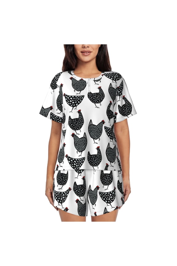 Retro Rooster Pattern Womens Pajamas 2 Piece Short Sleeve Sleepwear Set,Summer Soft Pajamas Set Casual Lounge Sets, 2-Piece Pj -XX-Large