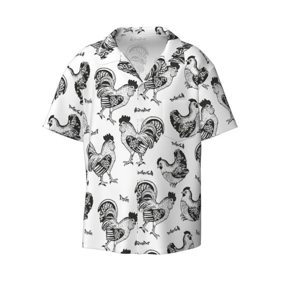 Vsdgher Retro Rooster Print Men's Wrinkle Free Untucked Cuban Shirt Business Casual Button Down Shirts Short Sleeve Shirt