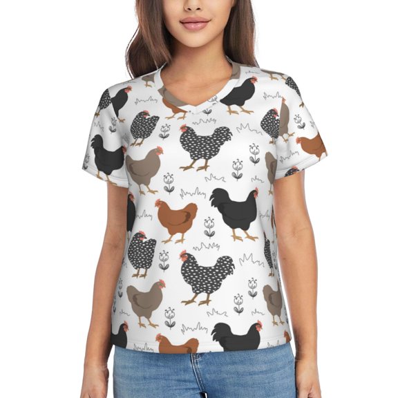 Vsdgher Retro Rooster Women Shirts V Neck Short Sleeve Tops T-Shirt Basic Tees, S to 3XLSmall