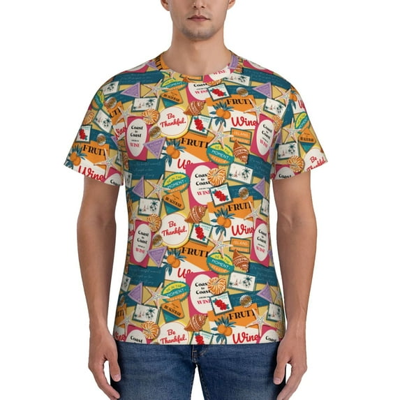 Vsdgher Retro Summer Stamp Print Men's Dry Fit Mesh Athletic Shirts Moisture Wicking Tennis T-Shirt Tops