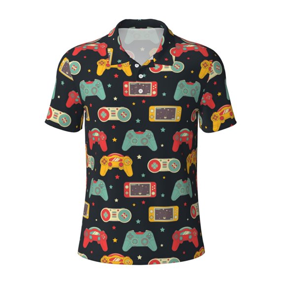 Vsdgher Retro Video Game Print Men's Short Sleeve Stretch Polo Shirt, Moisture-Wicking Performance Polo Shirt