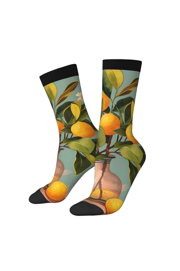 Retro Warm Lemon Flower Crew Socks for Men & Women, Breathable Casual Athletic Ankle Socks