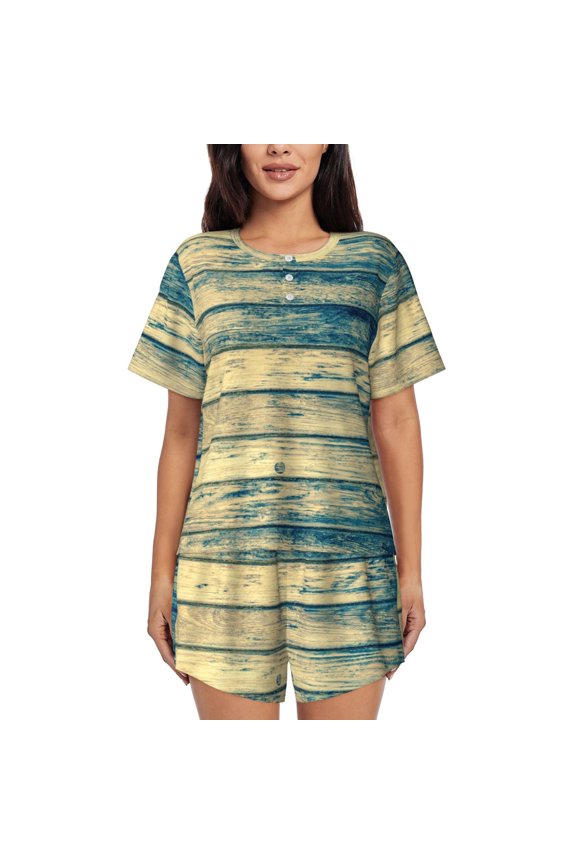 Retro Wooden Pattern Womens Pajamas 2 Piece Short Sleeve Sleepwear Set,Summer Soft Pajamas Set Casual Lounge Sets, 2-Piece Pj -XX-Large
