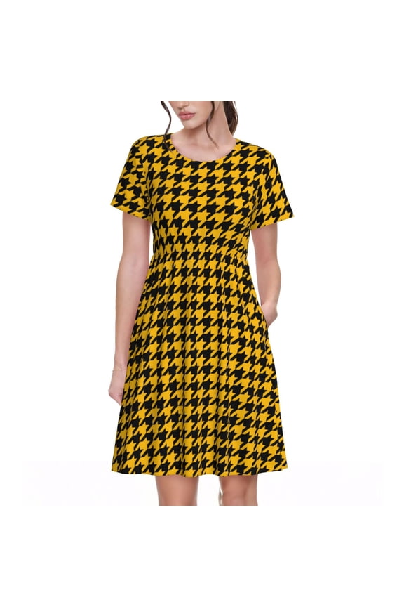 Retro Yellow and Black Houndstooth for Womens Summer 2025 Casual Midi Maxi Dresses Lightweight Short Sleeve Round Neck Beach Dress -X-Large