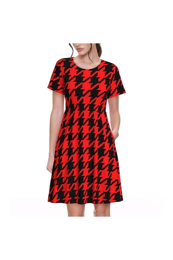 Retro red and Black Houndstooth for Womens Summer 2025 Casual Midi Maxi Dresses Lightweight Short Sleeve Round Neck Beach Dress -X-Large