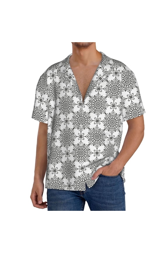 Retro sketch flower lines Men's Cuban Shirt, Hawaiian Shirts, Business Casual Button Down Shirts, Short Sleeve Shirt-Medium