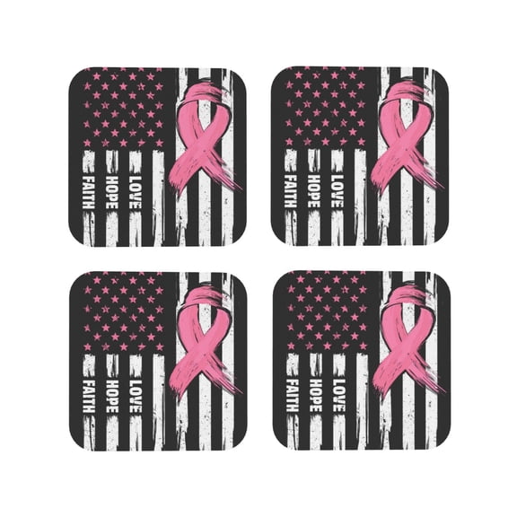 Vsdgher Ribbon Breast Cancer Awareness Leather Coasters for Drinks, Durable Drink Coasters 4 Set for Tabletop Protection, Luxurious Home Décor and Housewarming Gift ( {designName})Square