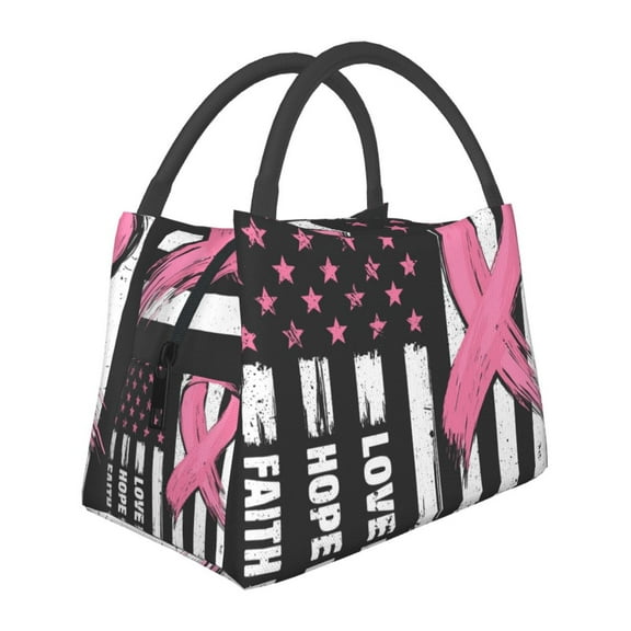 Vsdgher Ribbon Breast Cancer Awareness Print Insulated Reusable Bags with Sturdy Zipper and Handles, Foldable Totes for Hot or Cold Food Bring or Delivery