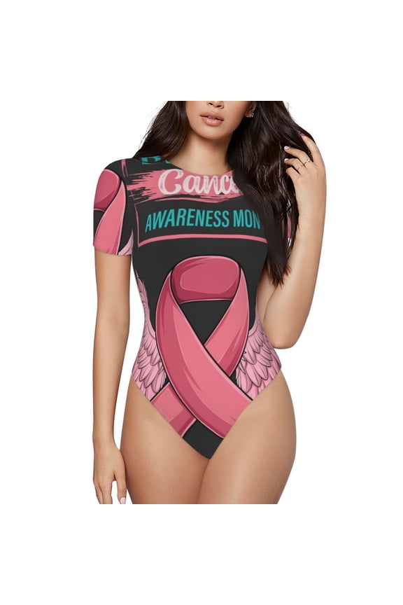 Ribbon With Angel Wings Prinr Short Sleeve Body suit for Womens, Sexy Onesie One Piece Round Neck Bodysuit Shapewear Tummy Control-XX-Large