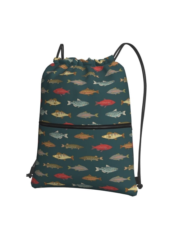 River Freshwater Fish Drawstring Backpack Water Resistant String Bag Sports Sackpack Gym Sack for Men Women