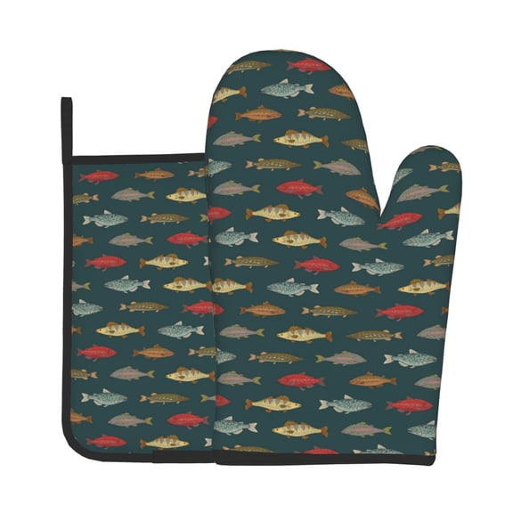 Vsdgher River Freshwater Fish Oven Mitts and Pot Holders 2 pcs Set,High Heat Resistant Kitchen Oven Glove for Baking and Cooking