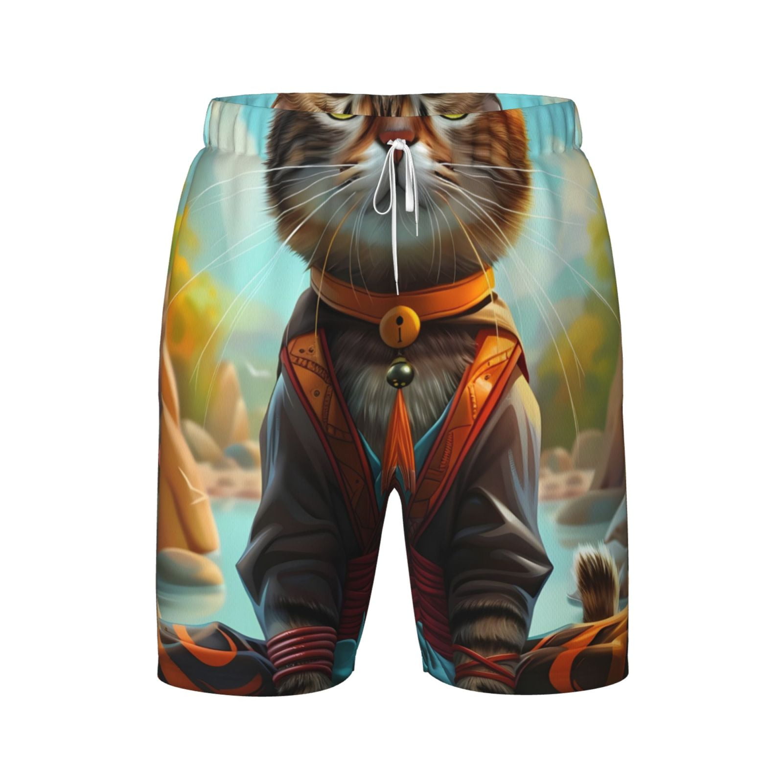 Vsdgher Riverside Meditating Cat Print Mens Swim Trunks Bathing Suit