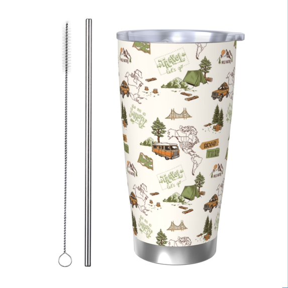 Vsdgher Road Trip 20 Oz Stainless Steel Vacuum Insulated, Travel Mug Coffee Cup for Home, Office, Outdoor Works Great for Ice Drinks and Hot Beverage -Straw Two-piece Set