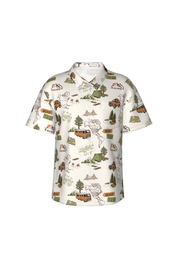 Road Trip Print Men's Hawaiian Shirts Button Down Tropical Holiday Beach Shirts Vacation Clothes,Large