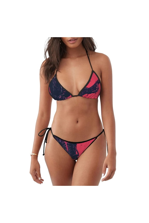 Rock Skull Guitarist Pattern Sexy Bikini Set for Women,Two Piece Swimsuit V Neck Swimwear Halter Tie Bathing Suit Self Tie Spaghetti Straps -X-Large