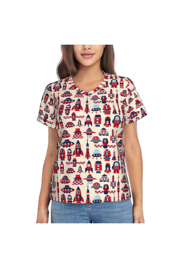 Rocket Pattern Women Shirts V Neck Short Sleeve Tops T-Shirt Basic Tees, S to 3XLSmall