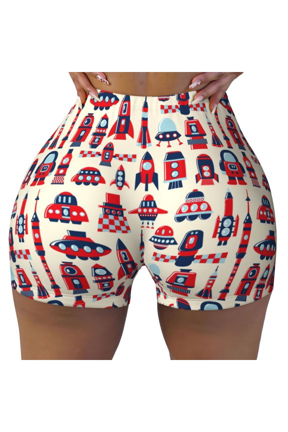 Rocket Pattern print Workout Shorts for Women Seamless Soft Smooth Gym Yoga Scrunch Active Exercise Fitness Shorts
