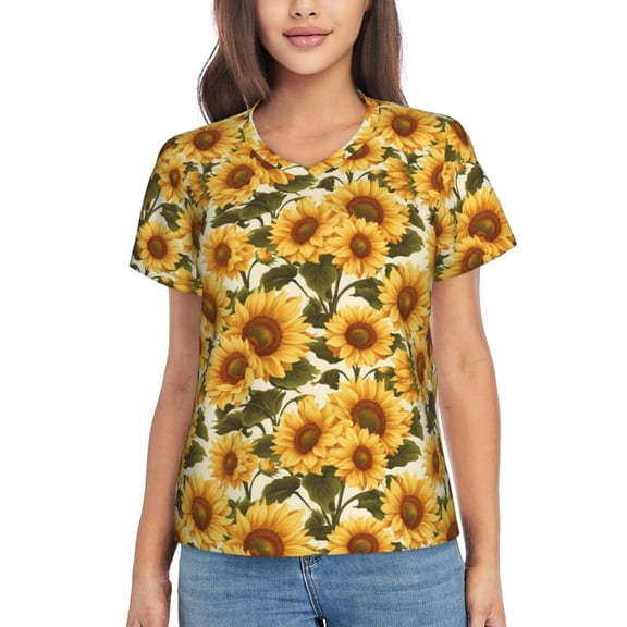 Vsdgher Romantic Elegant Sunflower Women Shirts V Neck Short Sleeve Tops T-Shirt Basic Tees, S to 3XLSmall