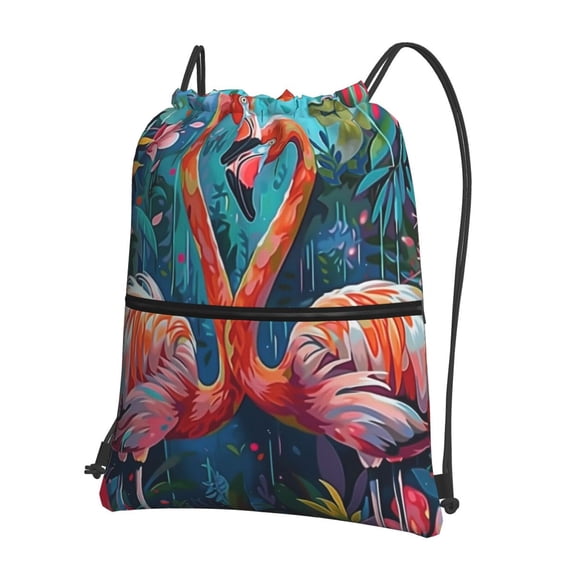 Vsdgher Romantic Flamingo Pair Drawstring Backpack Water Resistant String Bag Sports Sackpack Gym Sack for Men Women