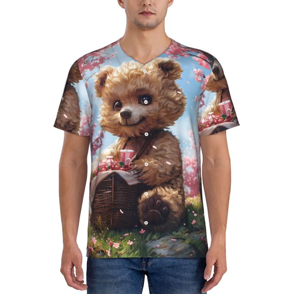 Vsdgher Romantic Floral Bear Mens T-Shirts Baseball Vintage Fashionable Lightweight Casual Crew Neck Slim Fit with Long Sleeves-X-Large