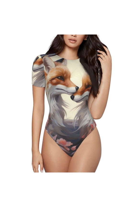 Romantic Flower Fox Prinr Short Sleeve Body suit for Womens, Sexy Onesie One Piece Round Neck Bodysuit Shapewear Tummy Control-Medium
