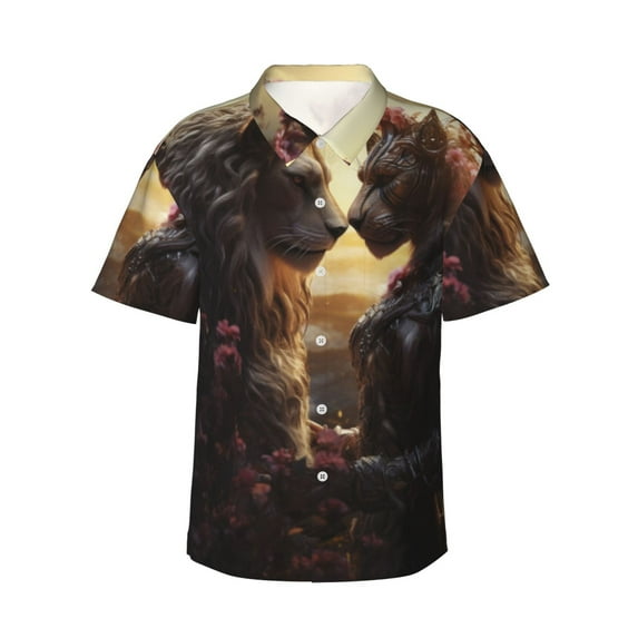 Vsdgher Romantic Flower Lion Couple Print Men's Hawaiian Shirts Button Down Tropical Holiday Beach Shirts Vacation Clothes,3X-Large