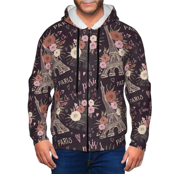 Vsdgher Romantic Paris Mens Hoodies Zip Hoodie, Hoodies for Men, Zip-up Hooded Sweatshirt-Small