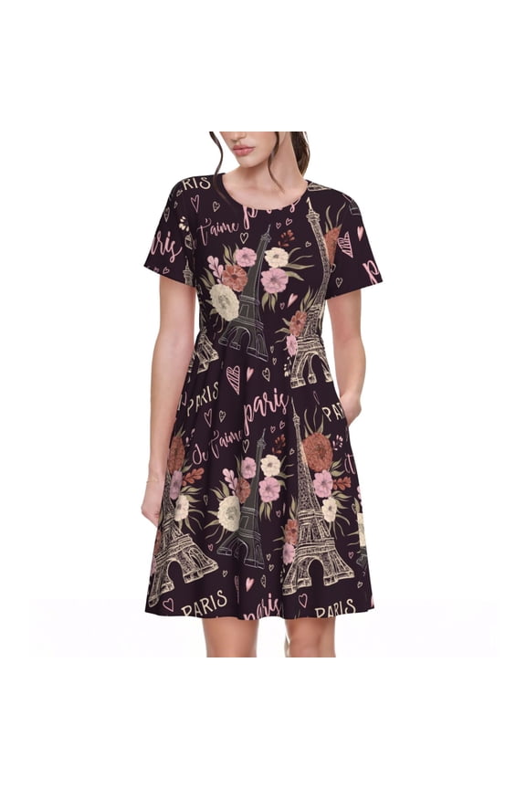 Romantic Paris for Womens Summer 2025 Casual Midi Maxi Dresses Lightweight Short Sleeve Round Neck Beach Dress -Large